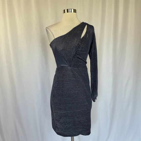 Aqua Dresses & Skirts - AQUA Women's Cocktail Dress Size 6 Blue Metallic Cutout One Shoulder Sheath